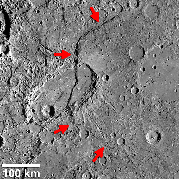 Beagle Rupes (identified by arrows) is a bow-shaped fault scarp on Mercury that is one of the most curved feature of its kind found by NASA's MESSENGER spacecraft. It is over 372 miles (600 kilometers) long.
