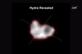 For the first time, New Horizons revealed the shape and size of Pluto's moon, Hydra, as presented in a NASA press conference on July 15, 2015, at the Johns Hopkins University Applied Physics Laboratory, Laurel, Maryland.