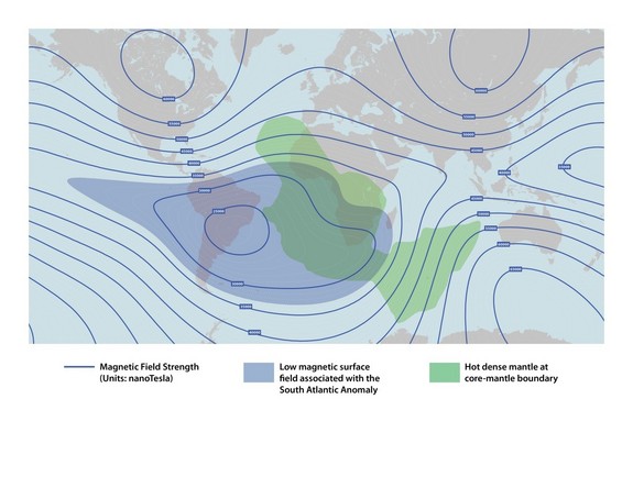 This depicts the lower strength of the Earth's protective magnetic field over the Southern Atlantic Anomaly, overlaid with the hot, dense mantle rock of an underlying feature deep below. John Tarduno and other researchers think the irregularity below may cause the weakened field above.
