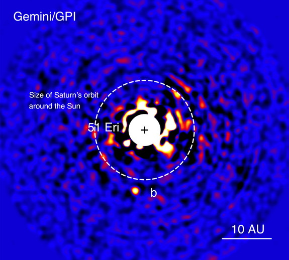 This image is the discovery photo of alien planet 51 Eridani b (labeled as "b") as seen in near-infrared light by the Gemini Planet Imager in Chile on Dec. 14, 2014. The bright star 51 Eridani at the center has been masked because it is 1 million times brighter than the planet.