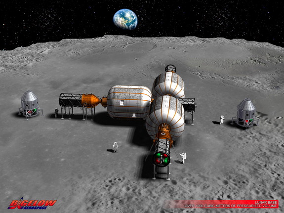 This early concept art shows a lunar base as envisioned by Bigelow Aerospace, which builds expandable space habitats.