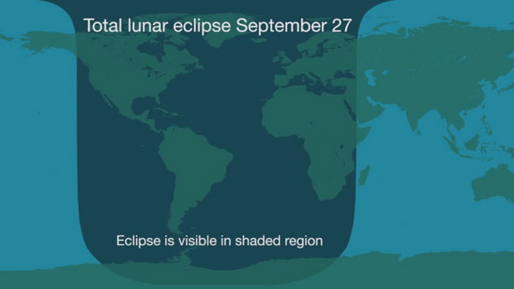 This striking shows a areas of a Earth where viewers will see a lunar obscure of Sept. 28, 2015, including many of North America, South America, Africa and Europe.