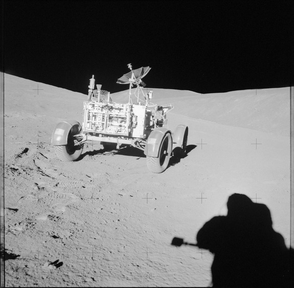 An image of the lunar surface captured by astronauts during NASA's Apollo 15 mission in 1971.