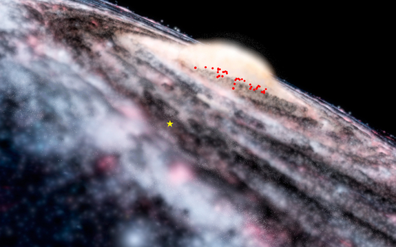 Astronomers using the VISTA telescope at ESO’s Paranal Observatory have discovered a previously unknown component of the Milky Way. By mapping out the locations of a class of stars that vary in brightness called Cepheids, a disc of young stars buried behind thick dust clouds in the central bulge has been found.This diagram shows the locations of the newly discovered Cepheids in an artist’s rendering of the Milky Way. The yellow star indicates the position of the Sun.