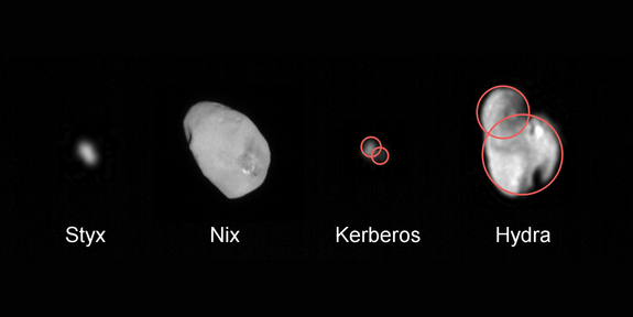 These close views of Pluto's four smaller moons were captured by NASA's New Horizons probe during its historic July 2015 flyby. Data from New Horizons suggests that at least two (and maybe even all four) were born from mergers of even smaller moons.