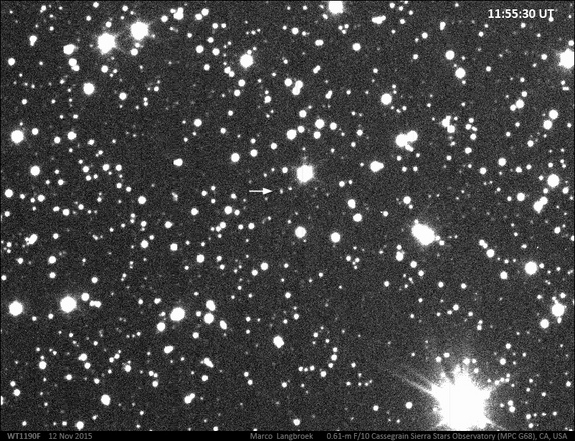 A piece of weird space junk just a few meters long (shown by arrow) fell to Earth and burned up in the sky the morning of Friday, Nov. 13 — scientists with the Catalina Sky Survey had been tracking the object since 2013, and as it moved closer even more telescopes could capture it.