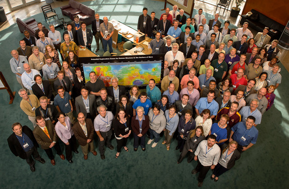 Attendees of the First Landing Site/Exploration Zone Workshop for Human Missions to the Surface of Mars held at the Lunar and Planetary Institute last month in Houston. NASA hosted the workshop to collect proposals for locations on Mars that would be of high scientific research value while also providing natural resources to enable human explorers to land, live and work safely on the Red Planet.