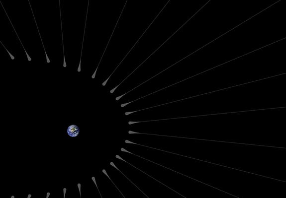 This artist’s illustration shows a close-up rendering of possible dark matter “hairs” surrounding Earth.