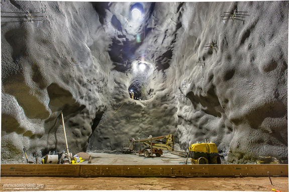 The Davis Cavern on the 4850 Level of the Sanford Underground Research Facility was once home to Ray Davis's Nobel Prize-winning solar neutrino experiment. The cavern has been enlarged, the walls coated in a spray-on concrete (shotcrete) and outfitted for the Large Underground Xenon (LUX) experiment.