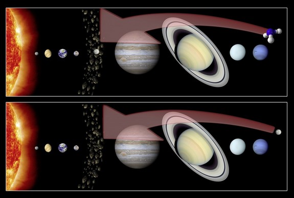 This artist's illustration shows two different hypotheses regarding the formation of Ceres. Top: Ceres formed in the main asteroid belt, and ammonia was incorporated from the solar system's outer reaches. Bottom: Ceres itself formed far from the sun, including ammonia in its formation process, and then migrated to the asteroid belt.