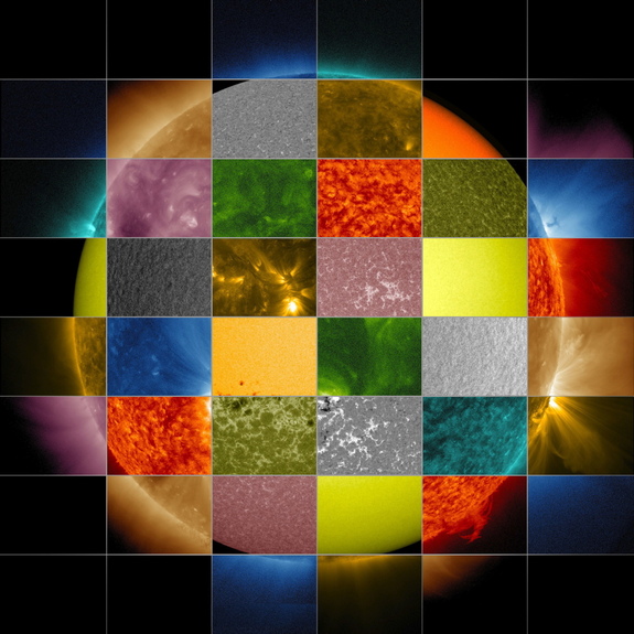 This collage of solar images from NASA's Solar Dynamics Observatory (SDO) shows how observations of the sun in different wavelengths helps highlight different aspects of the sun's surface and atmosphere. (The collage also includes images from other SDO instruments that display magnetic and Doppler information.) 