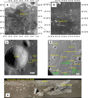 Location of the Chang’e-3 landing site. (a) Chang’e-1 CCD image with boundaries of typical mare basalt units7. (b) Chang’e-2 CCD image and (c) LROC NAC image (LROC NAC M1142582775R). (d) The traverse map of the Yutu rover and the locations of APXS and VNIS measurements. (e) Panoramic view of the ‘Zi Wei’ crater by the Panoramic Camera on the Yutu rover at the CE3-0008 site.