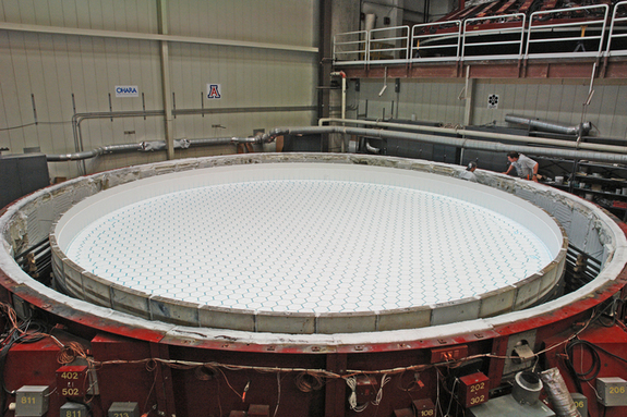 Mold for casting an 8.4-meter honeycomb mirror for the GMT. The glass will melt around the hexagonal boxes to form the honeycomb.