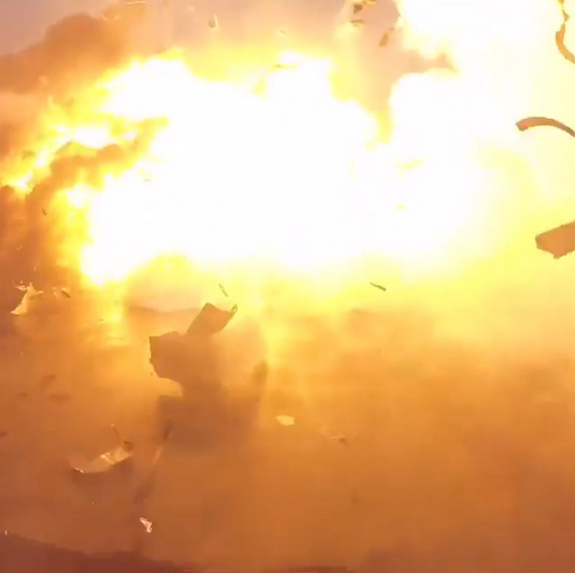 In this still image from a video, a SpaceX Falcon 9 rocket stage explodes on the droneship Just Read The Instructions during a landing attempt at sea on Jan. 17, 2016 after a successful satellite launch.
