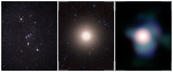 This collage shows Betelgeuse as it appears in the Orion constellation (left; the star is identified by the marker), a zoom toward Betelgeuse (middle), and the sharpest-ever image of this red supergiant, obtained the European Southern Observatory's Very Large Telescope. 