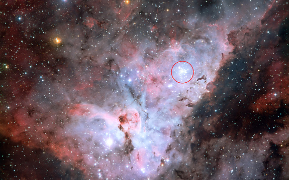 This colour-composite image of the Carina Nebula, made by the MPG/ESO 2.2-metre telescope at La Silla, Chile, reveals exquisite details in the stars and dust of the region.