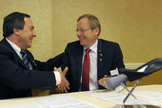 Sierra Nevada VP Mark Sirangelo and Johann-Dietrich Woerner, then head of Germany's DLR, sign a Memorandum of Understanding to cooperate on the Dream Chaser space plane. Woerner now heads ESA, which is investing in Dream Chaser.