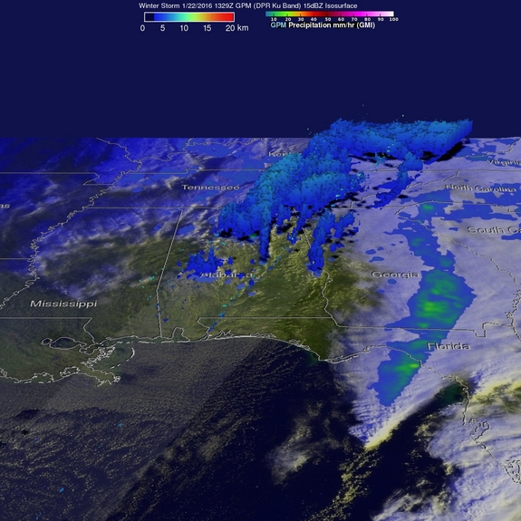 NASA's Global Precipitation Measurement satellite captured this view of the rainfall from this weekend's winter storm at 8:29 a.m. EST (1329 GMT). It showed precipitation falling at 2.5 inches per hour over northern Alabama at the time.