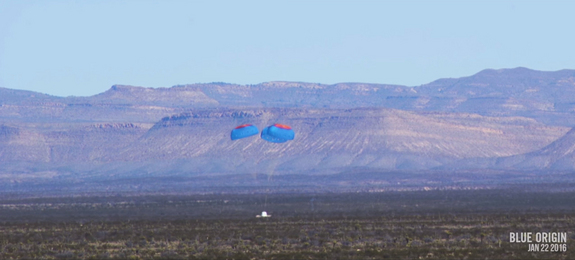 The crew capsule for Blue Origin's New Shepard spacecraft makes a soft landing with parachutes and retro rockets in West Texas during a Jan. 22, 2016 test flight.