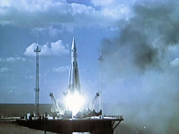 The launch of an early Soviet R7 rocket from "Cosmonauts: How Russia Won the Space Race," airing on KCET in California on Feb. 5, 2016. 