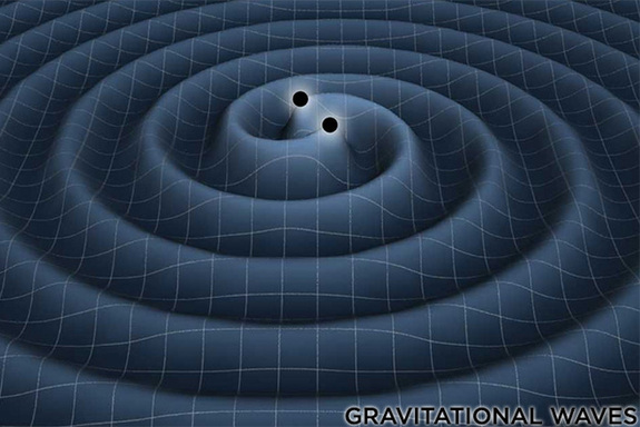 This image shows a computer simulation of the gravitational waves generated by 2 closely-orbiting black holes.