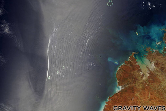 This NASA observation shows the formation of gravity waves in the atmosphere over the coast of Indonesia.