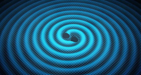 This artist’s illustration shows gravitational waves created by two merging black holes.