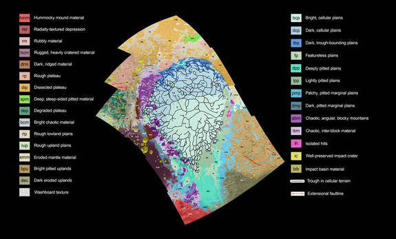 Pluto’s informally-named Sputnik Planum region is mapped, with the key indicating a wide variety of units or terrains.