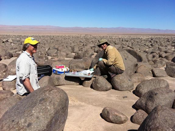 Sampling at Site Maria Elena in Chile's extremely arid Atacama Desert. Dirk Schulze-Makuch is at left, and Alfonso Davila is on the right.