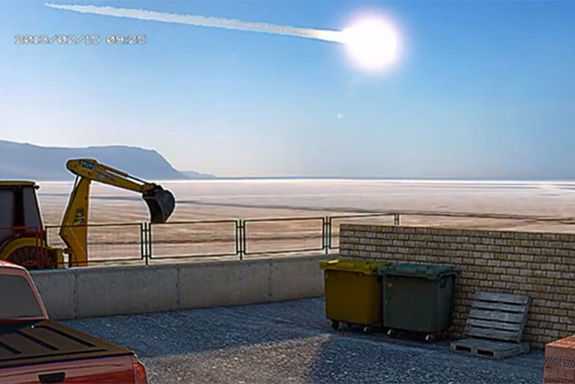 This is the trail of Chelyabinsk asteroid which exploded about 14 miles above ground with a force nearly 30 times more powerful than the Hiroshima atomic bomb in 2013.