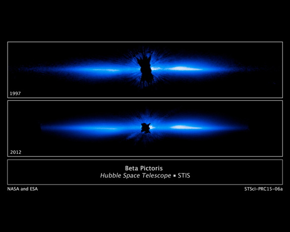 Hubble Space Telescope images of the edge-on disk of dust and gas that surrounds the star Beta Pictoris. The disk stretches more than 1,400 times the Earth-sun distance in each direction.