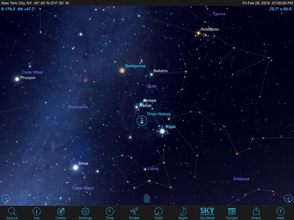 Use the stargazing app on your mobile device to spot the constellation Orion, The Hunter. His famous three-star belt is well placed due south in the evening. Your app should show you the bright reddish star Betelgeuse at his eastern shoulder, the bright-blue star Rigel at his western foot and the beautiful Orion Nebula, also known as Messier 42, in the sword hanging below his belt. 