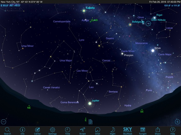 Nearly overhead in late-February skies is the bright-yellow star Capella in the constellation Auriga, the Charioteer, and low in the east will be very bright Jupiter, king of the planets, which is sitting just below Leo the Lion. 