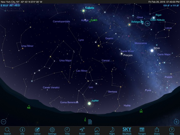 Nearly overhead in late-February skies is the bright-yellow star Capella in the constellation Auriga, the Charioteer, and low in the east will be very bright Jupiter, king of the planets, which is sitting just below Leo the Lion.