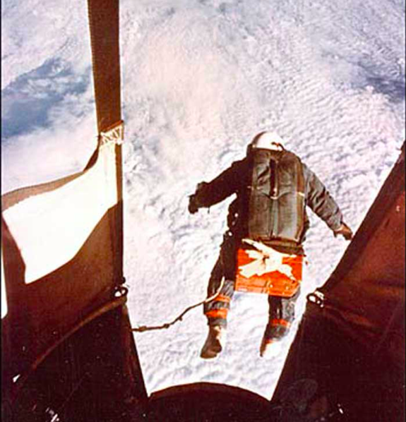 Air Force Capt. Joe Kittinger jumps from the Excelsior III balloon gondola in a 1960 test, free-falling toward Earth for more than 4 minutes.