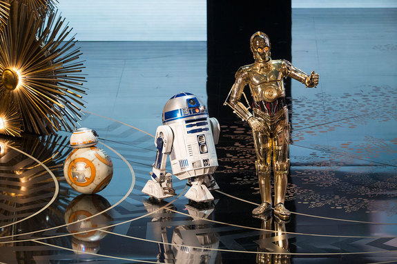 C-3PO, R2-D2 and BB-8 take to the stage at the 88th Academy Awards to pay tribute to “Star Wars” composer John Williams, who was nominated for his 50th Oscar.