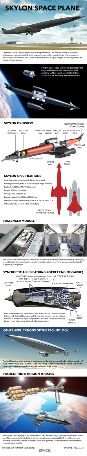 The British company Reaction Engines Ltd. hopes to manufacture Skylon, a runway-to-orbit space plane using hybrid air-breathing rocket engines. <a href="http://www.space.com/32112-how-skylon-space-plane-works-infographic.html">See how Skylon works in our full infographic</a>.