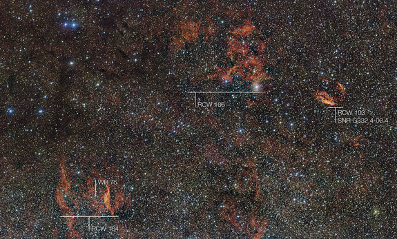 This annotated space image shows the region RCW 106 (center) and its neighboring regions as seen by the European Southern Observatory's Very Large Telescope in Chile. 