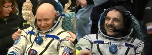 NASA astronaut Scott Kelly (left) and Russian cosmonaut Mikhail Kornienko enjoy fresh air for the first time in 340 days after nearly a year living on the International Space Station. These images were taken after Kelly, Kornienko and crewmate Sergey Volkov landed their Soyuz in a remote region of Kazakhstan on March 2, 2016 local time.
