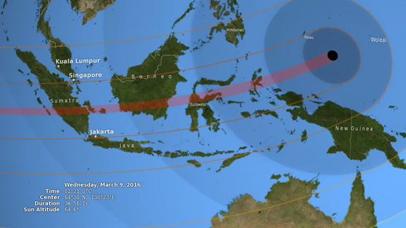 This NASA graphic depicts the 100-mile-wide (160 kilometers) path of totality for the total solar eclipse of March 8, 2016 (which will actually occur on March 9 in Southeast Asia, which lies on the other side of the international date line). 
