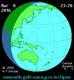 (Click image to see animation). This image shows the shadow of the moon passing over Earth. The total solar eclipse will take place where the dark black dot is; the larger circle indicates regions where a partial solar eclipse will be visible. 