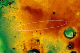 The ExoMars 2016 entry, descent, and landing demonstrator module, also known as Schiaparelli, will touch down on Meridiani Planum, a relatively smooth, flat region on Mars, on October 19, 2016. The lowest areas on this map are shown in green, while the highest areas are dark brown. The large crater on the right (East) of the image is Endeavour, which is about 14 miles (22 kilometers) in diameter. Opportunity has been studying its western rim since 2011.