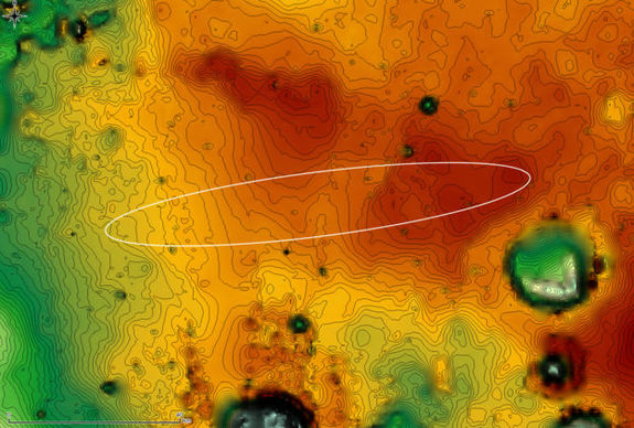 The ExoMars 2016 entry, descent, and landing demonstrator module, also known as Schiaparelli, will touch down on Meridiani Planum, a relatively smooth, flat region on Mars, on October 19, 2016. The lowest areas on this map are shown in green, while the highest areas are dark brown. The large crater on the right (East) of the image is Endeavour, which is about 14 miles (22 kilometers) in diameter. Opportunity has been studying its western rim since 2011. 