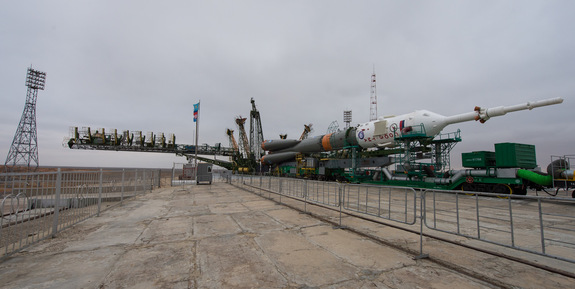 A Soyuz rocket and spacecraft are seen at the launchpad at Baikonur Cosmodrome in Kazakhstan on March 16, 2016, ahead of a planned March 18 launch that will send three spaceflyers toward the International Space Station.