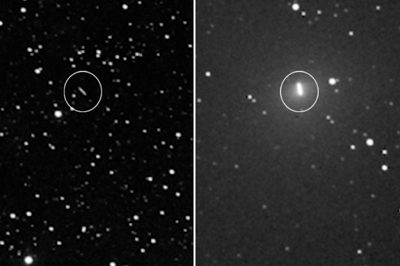 Imagery captured by the Slooh Community Observatory's Chile Observatory Telescope showing comets 252P/LINEAR (right) and 2016 BA14 as they flew past Earth on March 21 and March 22, 2016, respectively.