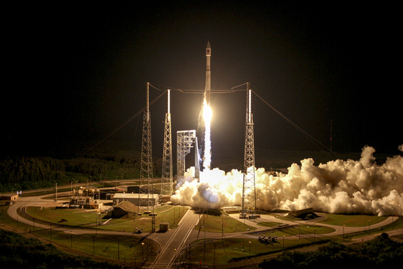 A United Launch Alliance Atlas V rocket carrying Orbital ATK's robotic Cygnus cargo vessel rises off the launch pad at Cape Canaveral Air Force Station in Florida on March 22, 2016.