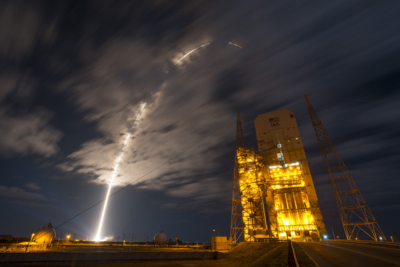 A United Launch Alliance Atlas V rocket carrying Orbital ATK's uncrewed Cygnus freighter arcs into the skies above Florida's Cape Canaveral Air Force Station on March 22, 2016.