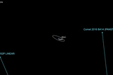 This NASA graphic shows the paths of comets 252P/LINEAR and P/2016 BA14 during their flybys of Earth in March 2016. Comet 252P came within 3.3 million miles (5.2 million kilometers) on March 21, while BA14 zipped by at a range of 2.2 million miles (3.5 million km) on March 22.