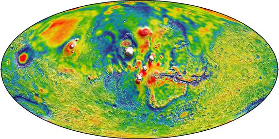This global map of the gravity or Mars is the best one yet made and was created from 16 years' worth of data from three NASA orbiters around the Red Planet. This map shows the Thasis volcanoes of Mars, where white areas denote higher-gravity areas and blue denotes lower-gravity regions.