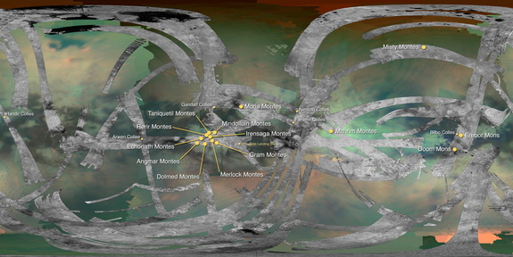 This map of Saturn's moon Titan show mountains named by the International Astronomical Union. Image released March 24, 2016.